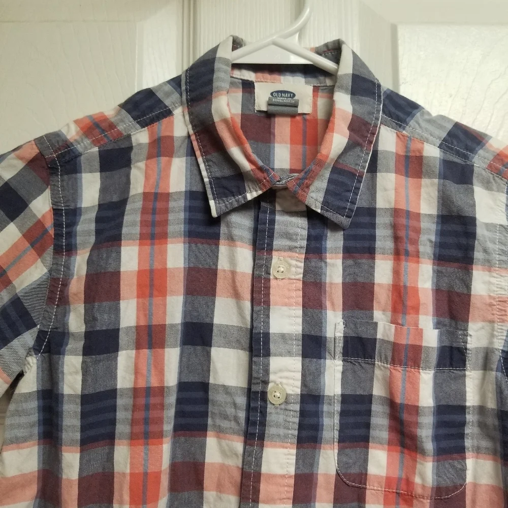 Old Navy Red & Blue Plaid Striped Print Short Sleeve Button Down Preppy Polo